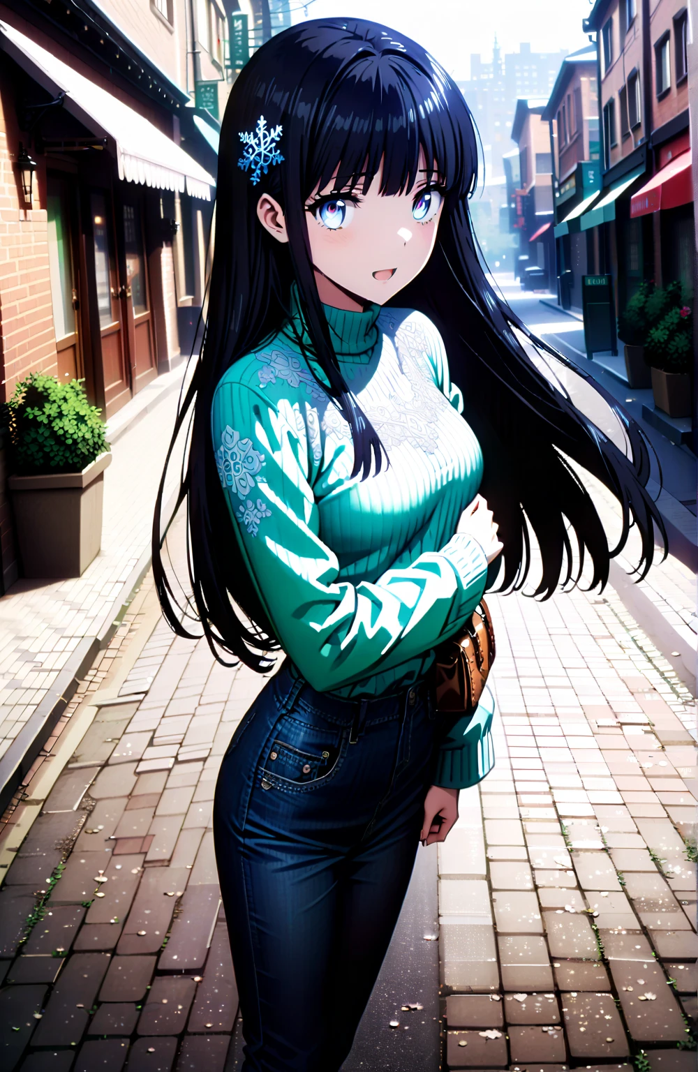 (cowboy shot:1.2), best quality, masterpiece, 8k, highly detailed, (extremely detailed face:1.2), beautiful, edgQuality, edgADC_fashion, fashion, wearing edgADC, (black sweater:1.5), (red leggings:1.5), hands on own hips, ayukawa madoka, painting \(medium\), [intricate details:0.2], moist skin, shiny skin, black long hair, floating hair, messy bangs, aqua eyes, narrow waist, (thin, huge breasts:1.5), retro artstyle, traditional media, watercolor \(medium\), 1980s \(style\), yellow scarf, handbag, <lora:takada_akemi_offset:1> <lora:more_details:0.7> <lora:edgAutumnDressCode:1> <lora:fingers4civitai:5> (smile:0.8)