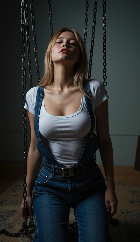 a photo of a seductive woman with straight redhead hair, she is hanging by her hands in an old barn, dangling off the rope. The barn has skulls and bones as decorations, rusty tools and a chainsaw can be seen. She is wearing tight denim jeans and a tube top.