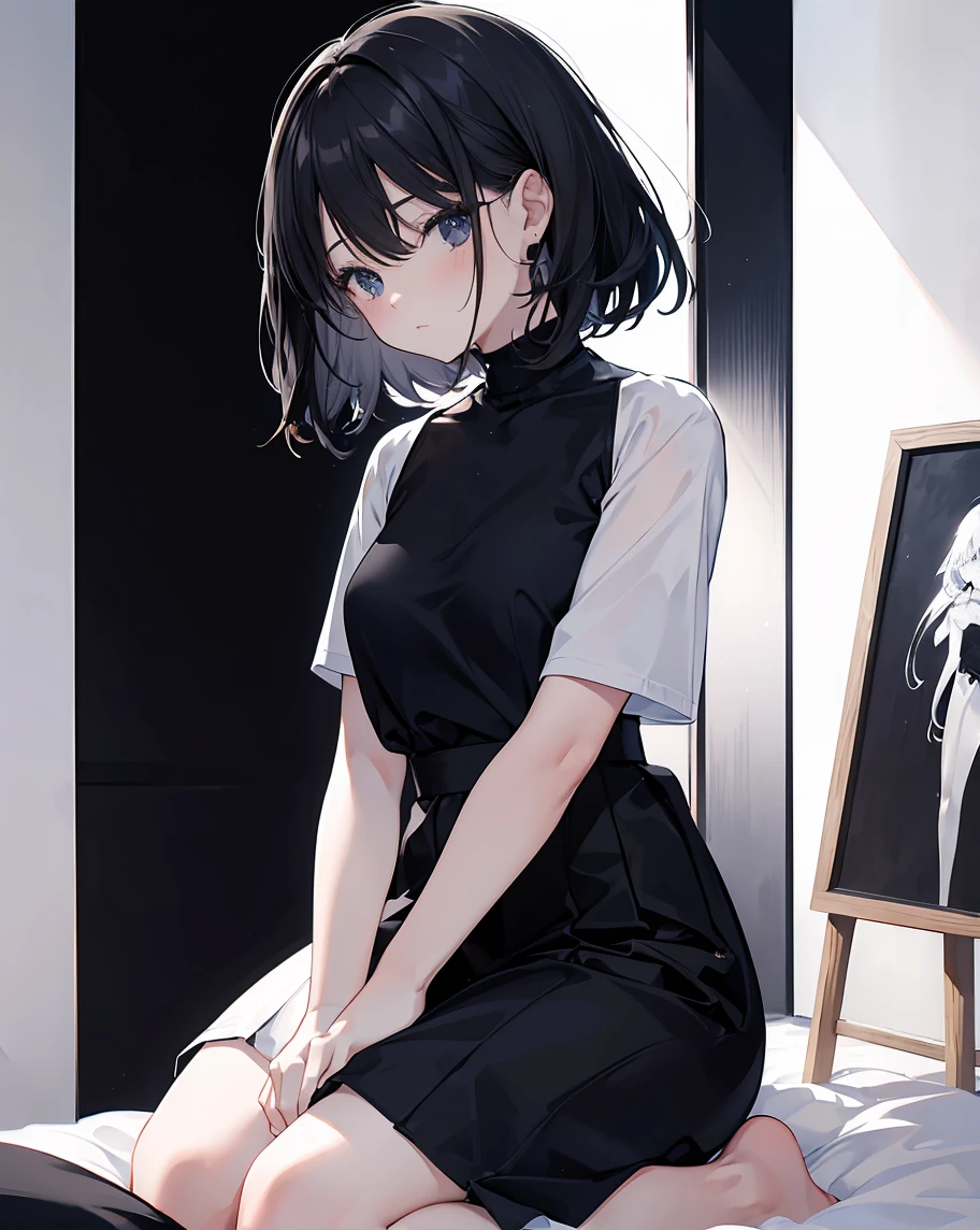 (short cute girl,small young student,young delicate girl),(masterpiece,Top quality),squat,,short sleeve,Long twin tails with black hair,sleepy