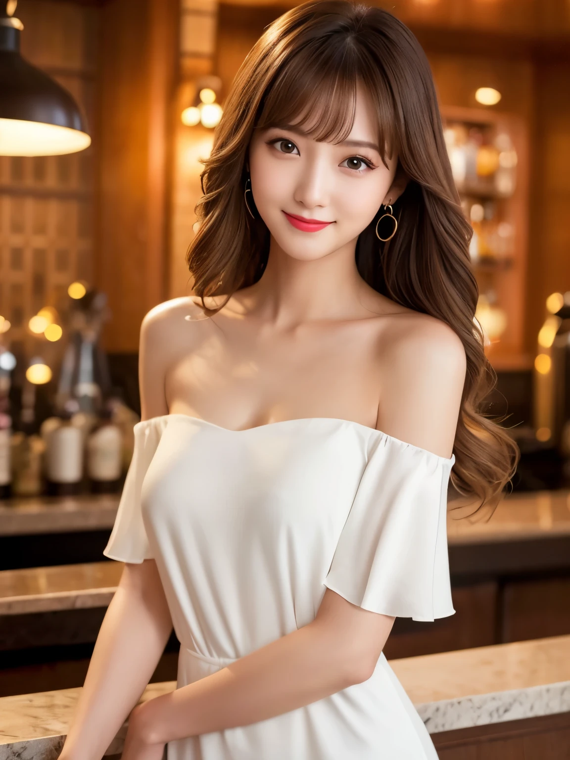 Highest quality、8k wallpaper、Reality:1.4、Photographed by a professional photographer、Cinema Lighting、View your viewers、background:Gorgeous bar lounge at night、1 beautiful girl、Japanese Idol、30 years old、Beautifully detailed eyes、Detailed face、Beautiful Skin、Slender、Slim waist、Thin legs、Red lipstick、Fancy hairstyle:1.8、Random hair color、Light Hair、The light hits her hair and it shines golden、Asymmetrical bangs、Off-the-shoulder dress、I can see your chest 、smile:1.eductive pose