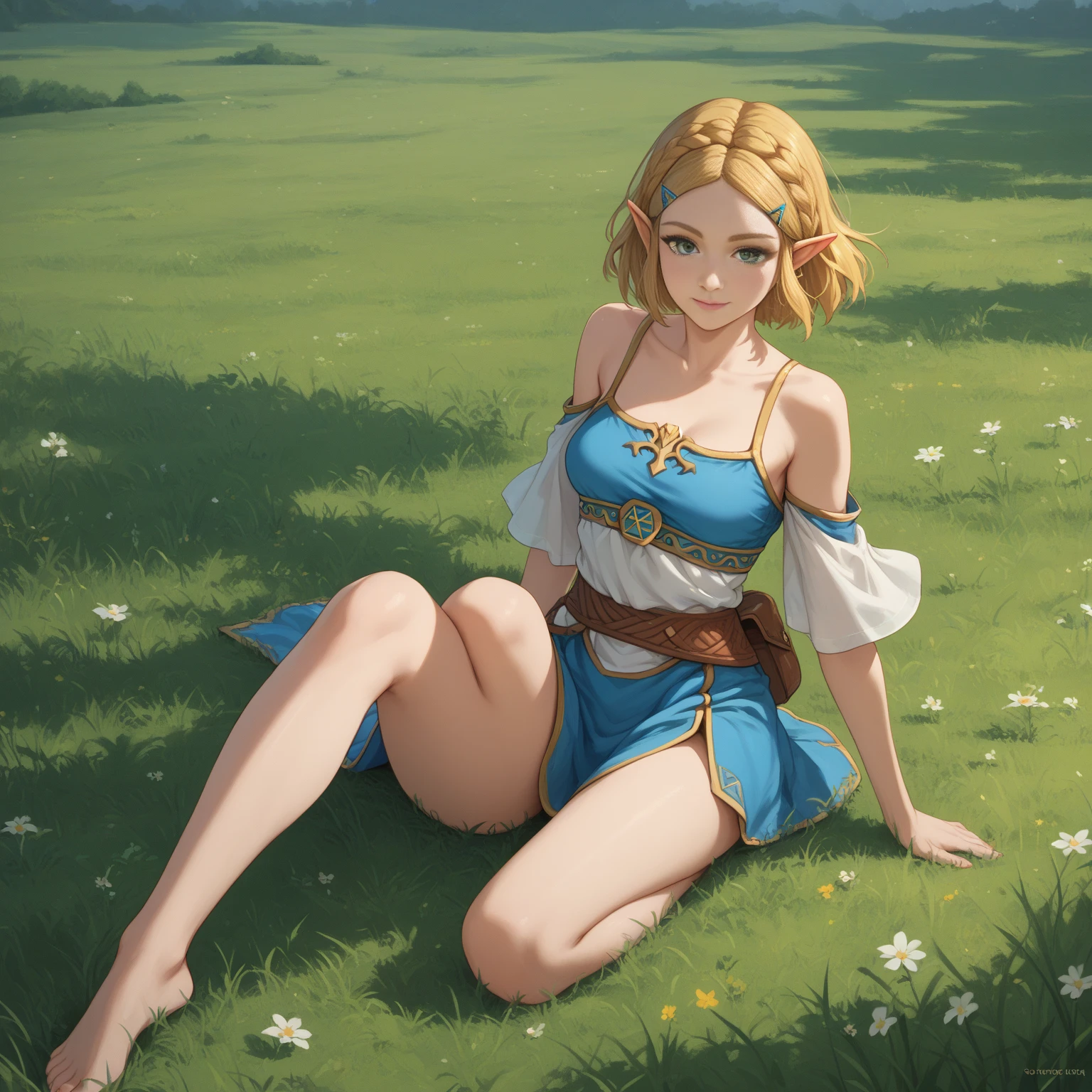 masterpiece, best quality, absurdres, perfect anatomy, (1girl, solo), Ashelia, short hair, AsheliaOutfit, miniskirt, thighhighs, jewelry, belt, standing, cowboy shot, smile, dynamic pose, dynamic angle, outdoors, plains, hills, (sitting, spreading legs by hands), spread crotch by hands, spread_pussy, (spreading pussy by hands)