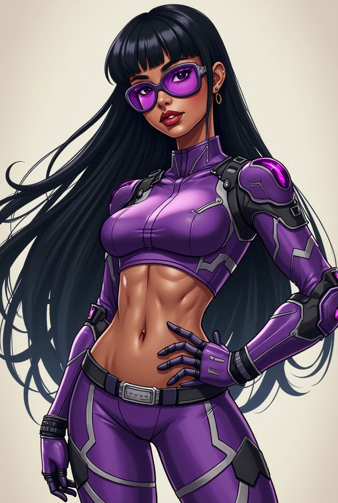Illustration of Nicki Minaj as Betsy Braddock Psylocke, ((dark skin)) toned skin, black hair, chubby, (medium breasts), dark purplish blue leotard, loose dark red lace belt, long dark purplish blue gloves, bare thighs, background