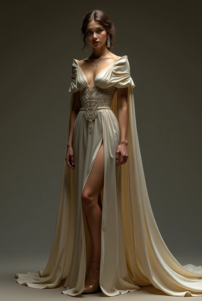 woman in white dress holding apple, ancient white dress, whole body in a suit, white loincloth, Greek goddess, publicity cosplay, wearing toga, Full length portrait photography, Full length photo shoot, general plan of the whole body, Dressed like an oracle, Elegant Ancient Greek Dress, draped with horrors and thorns, emma watson as a Greek goddess