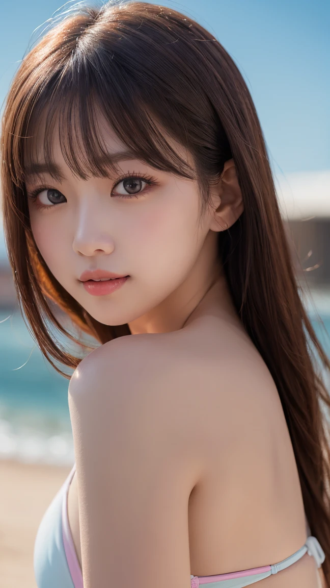 (masterpiece:1.2,highest quality),blur the background,1 High school girl,((nude)),(Ecup boobs),ponytail hair,(take a pose),detailed and beautiful eyes,blushing face,healthy skin,looking at the viewer,smile,(beach),8K resolution