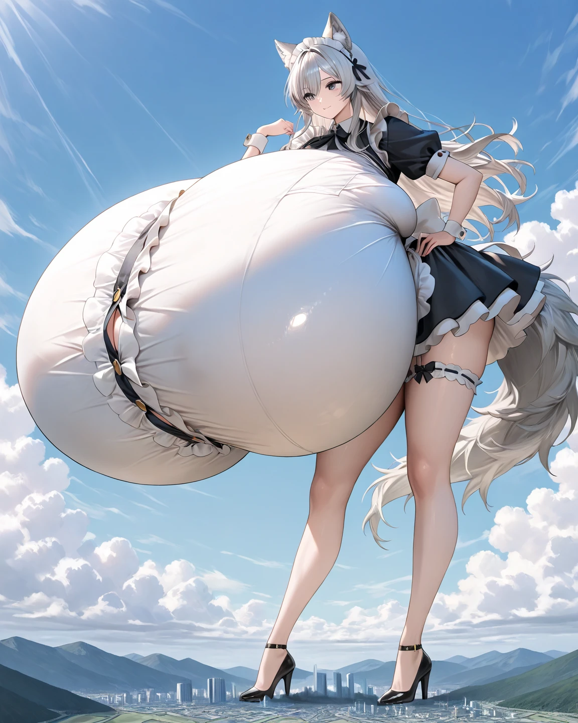 1woman, long hair, slim waist,maid costume,(((hyper gigantic breasts:1.75))),breasts larger than body,tall,mini giantess,long legs,japanese beautiful face,Gray Hair、Wolf ears、the tail of a wolf、sky
