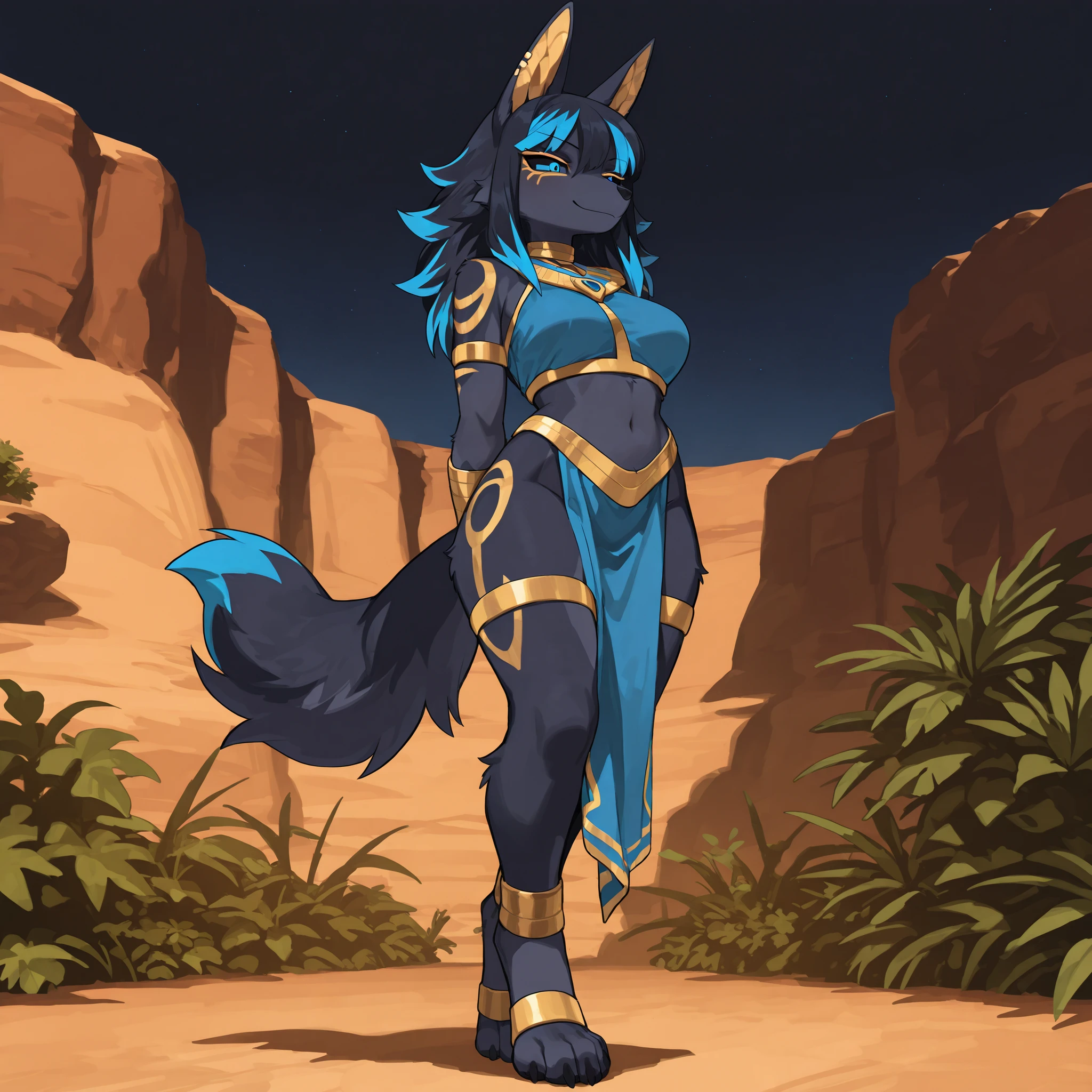 Anime style, masterpiece, best quality, full body picture, centered, three-quarters view, 1girl, furry, tall, anthro, female wolf, (jackal ears), digitigrade legs, black fur, (long black hair with blue highlights), blue eyes, perfect eyes, black sclera, gold eye markings, standing pose, oasis background, at night, wearing gold clothes with blue trim, small smile