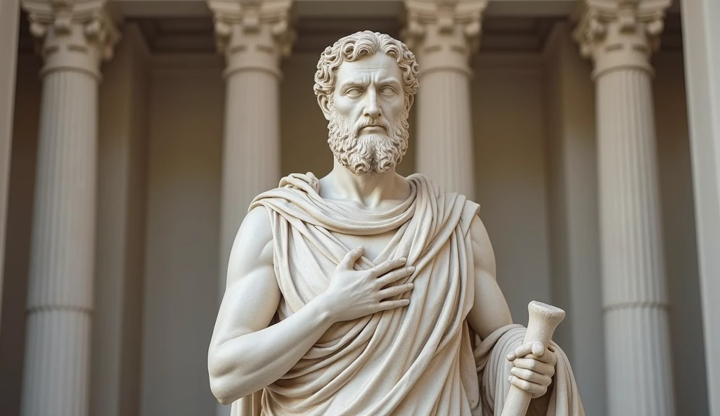 A realistic Greek white marble statue of aristotle brave scary detailed wearing a ghostly toga, fundo neutro, Moody, , fotorrealista, Scary Movie Dinner, super detalhada, hiper realista, luzes brilhantes, 8 K