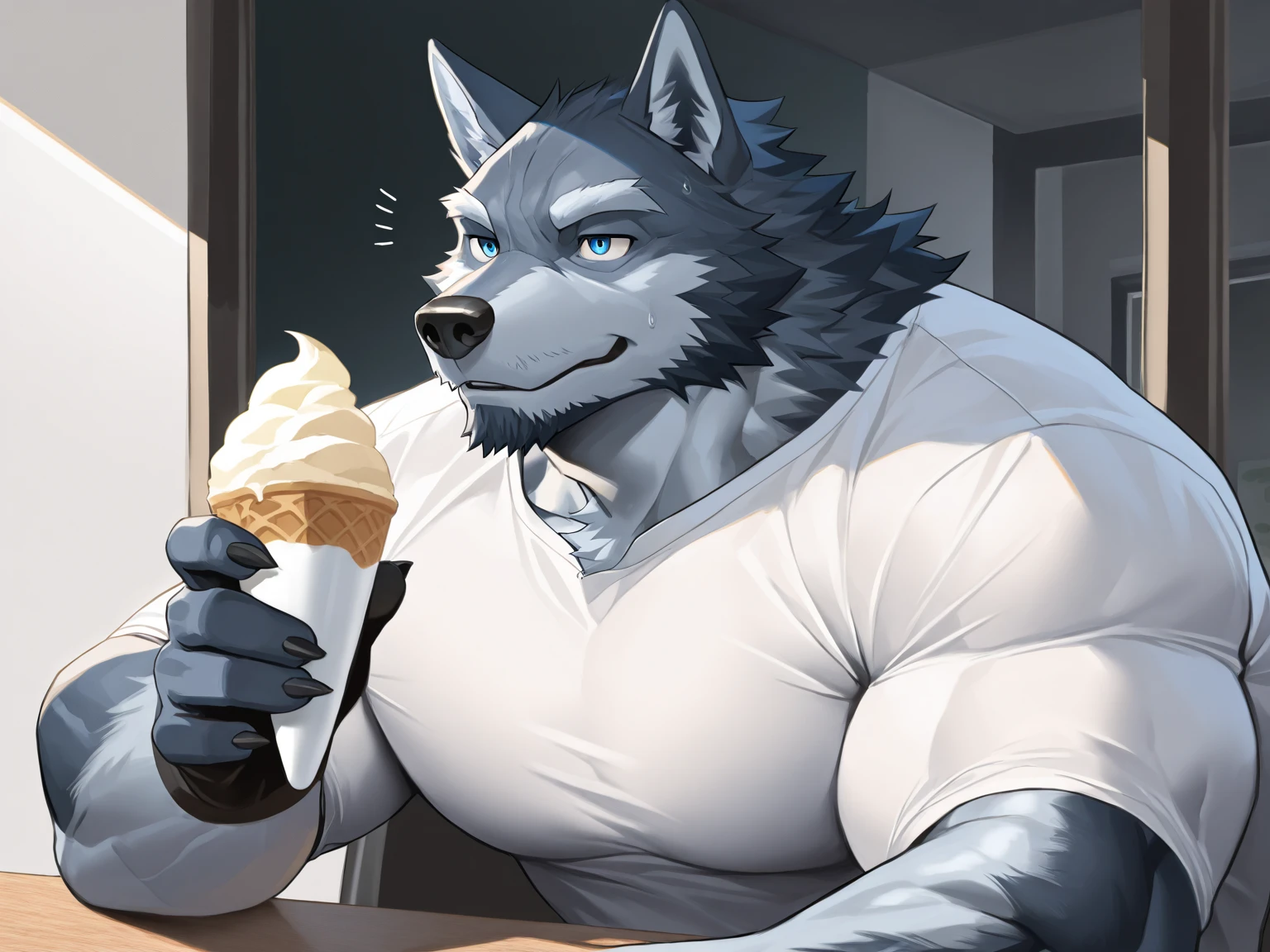 New Jersey 5 Furry,polar bear，Personal portrait,Unique，Exquisite， Chubby，Fat，Thick arms，Rugged muscles，Topless，White plush fur，Chubby脸，Black eyebrows，Sky blue eyes，Beard，garden，Sitting on a bench，shorts，Take the ice cream，Sweating，Stick out your tongue，heat