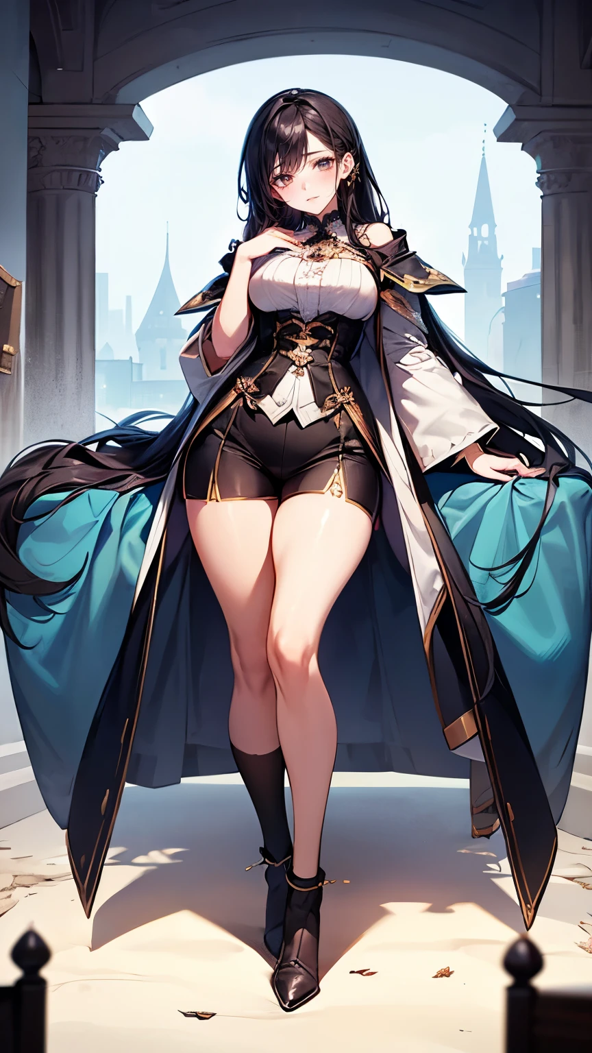 ((masterpiece, best quality)), Detailed face,Paladin,Full body painting,Perfect body proportions,Large Breasts,Long legs,dark skin,Long wavy hair,beautiful eyes,Fantasy style,extremely beautiful,Empty background,Sky City,sun,Holy Light,outdoor,transparent,Sexy Lingerie,Lace,Pantyhose,exposed,Star decoration