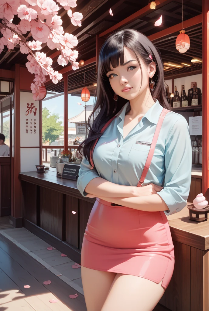 A beautiful young girl with long black hair in a double ponytail, wearing a floral dress with a flared skirt and knee-high socks, sitting with her back to the counter of a diner, two full milkshake glasses with straws on the counter in front of her, looking at the viewer with a sweet expression, (best quality,4k,8k,highres,masterpiece:1.2),ultra-detailed,(realistic,photorealistic,photo-realistic:1.37),anatomy,scientific,precise,hyperrealistic,intricate details,vivid colors,cinematic lighting,volumetric lighting,depth of field,photorealistic rendering,mcdonald's style diner,interior,girl,1girl,detailed eyes,detailed lips,long lashes,gorgeous face,elegant,charming,lovely,pretty,cute,sweet,happy
