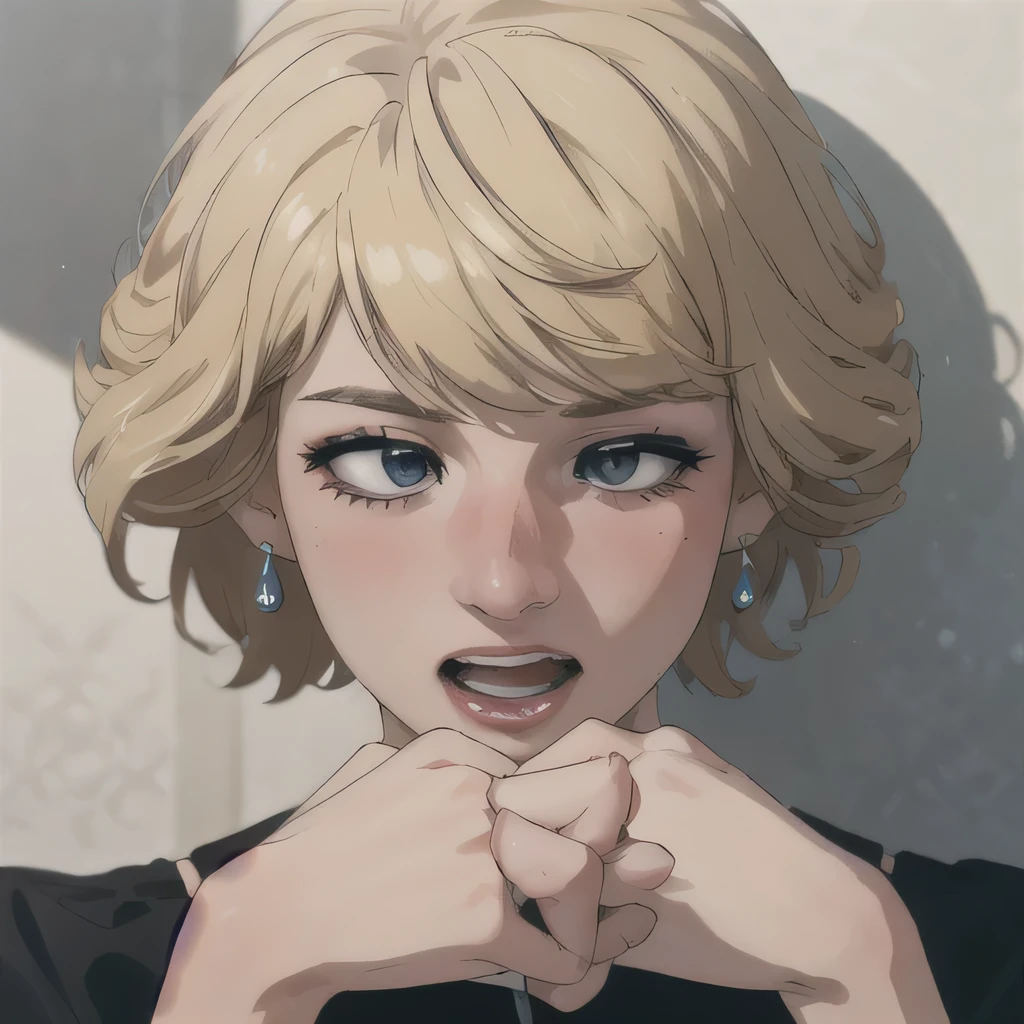 (masterpiece:1.3), (8K, Realistic, RAW Photos, Highest quality: 1.4), (One Girl), Beautiful Face, (Realistic Face), Beautiful Hairstyles, Realistic eyes, Beautiful details, (Realistic Skin), Beautiful Skin, Absurd, charm, Ultra-high resolution, Ultra-realistic, Very detailed, Golden Ratio, (Best Shadow), Cinematic, (Complex:1.4), High Contrast, Side lighting, ((Accurate hands and fingers)), Caucasian female, ((Princess Diana)), ((Black blouse)), (Blonde Hair, short hair:1.3), NSFW (大きな胸), くびれたウエスト, 大きな尻,  (half closed eyes), ((泣いている)), ((open mouth:1.2)), (surprised:1.2), フラッシング, (汗), ((cowboy shot:1.1))