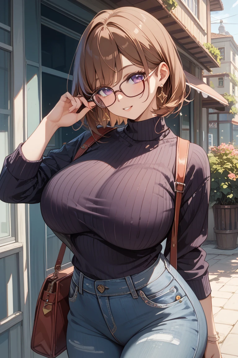 (work of art, best qualityer, hires, high resolution:1.4), (comely, Aesthetics, perfect, dainty, intricate:1.2), (Depth of field:1.4), (mature woman), (a sexy woman walking in a park), (Breasts huge), (one-piece fitted knit sweater), (long knit sweater), open brown jacket, (no pants, sem shorts), (thick-framed glasses), (Thu), (cowboy shot),