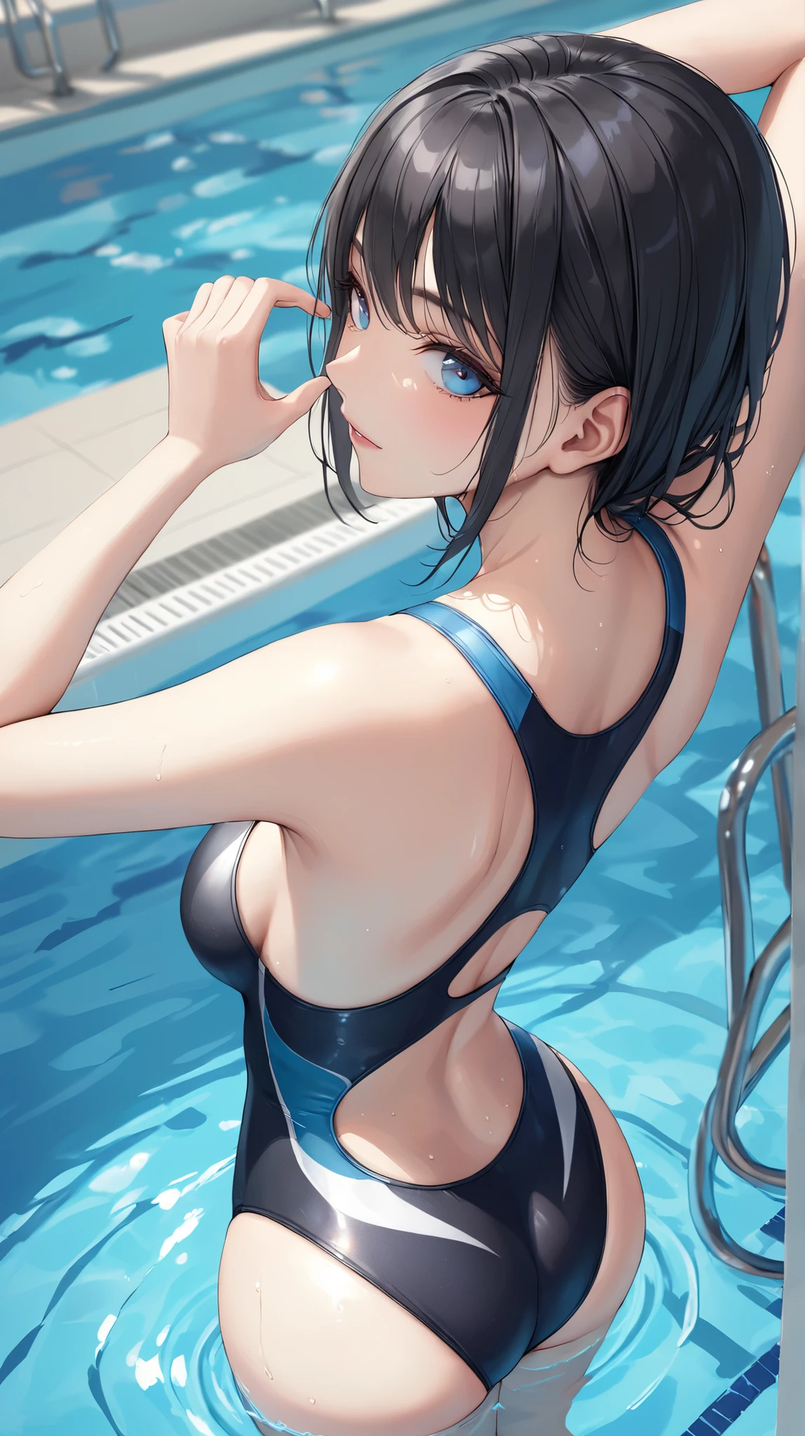 (masterpiece,best quality,ultra detailed,high resolution),(realistic:0.3),30-years-old,standing,looking viewer,lady,black hair,cool eyes,competition swimsuit,high angle,wide hip,school pool,from behind,arms up,