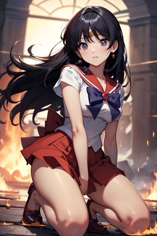 masterpiece, Highest quality, Absurd, One girl, alone, Mars, Very long hair, Parted bangs, Sailor Warrior Uniforms, Red Sailor Collar, Red Skirt, Elbow hand pockets, Get down on one knee、(((Sailor Warrior Uniformsが切り刻まれている)))、The skirt is chopped up、Crippling、Both hands tied with rope、I have a lot of injuries、engulfed in flames、(((Continued one-sided attacks)))、