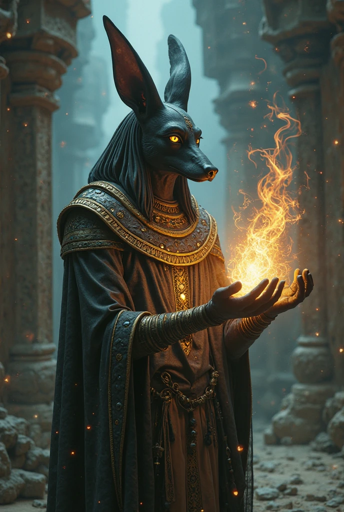 1girl, portrait of female godanubis with jackal head in front altar, swirl of fire, aura, magic, sparks, magic astral, ornate <lora:ARWgodanubis:1> <lora:kVoidEnergy:1> <lora:add_detail:1>