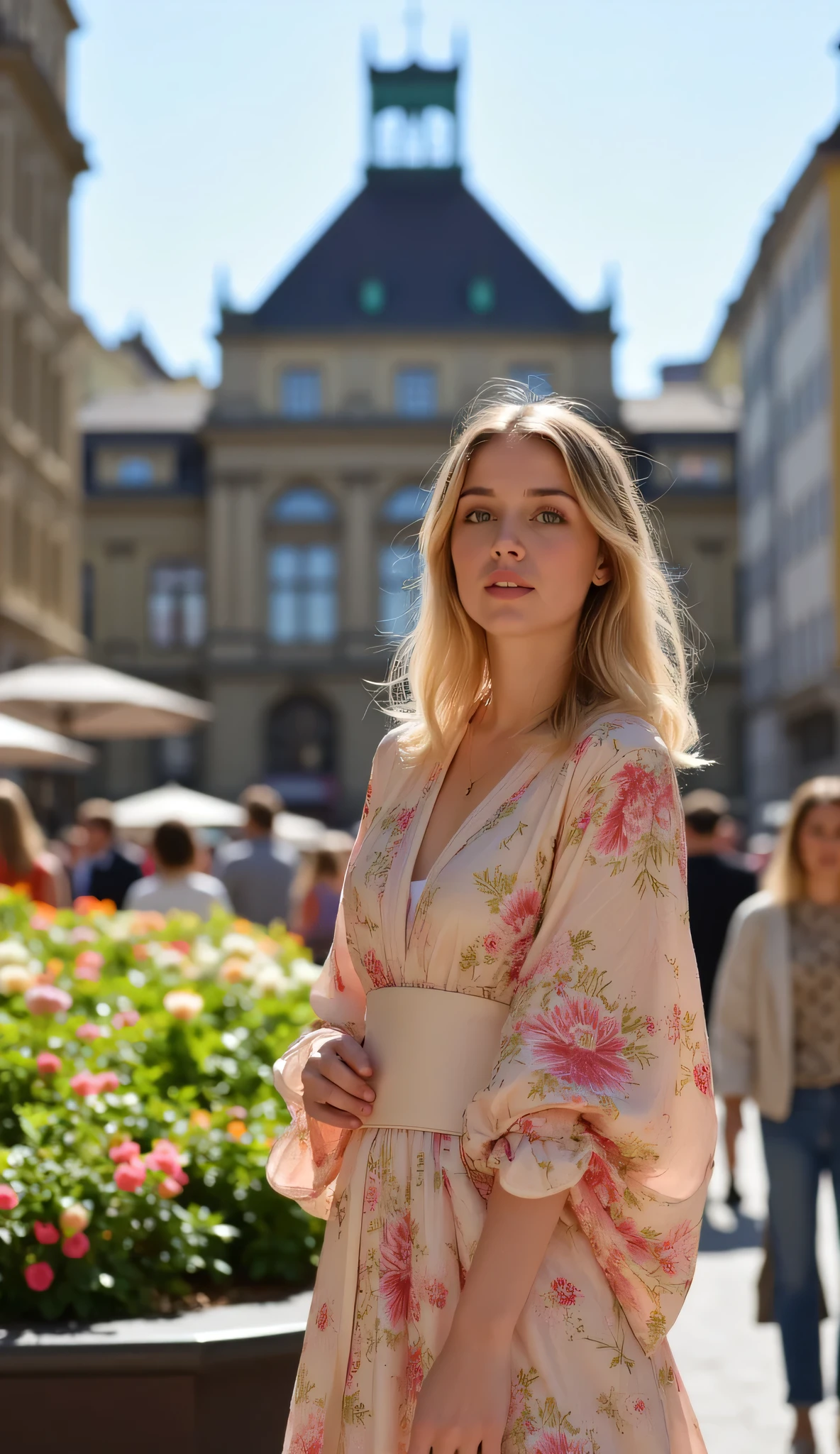 What I'm imagining is、What I'm imagining is、Streetscape of Bern, Switzerland、Impression of a bank in the center of the city、A blond 20-year-old woman in a pink floral kimono、Face Details、(full body high resolution photo)、impressive style with a spectacular dramatic expression、Flower bed in front of the bank、Gentle seven-colored flowers、Premium quality environment、Spectacular architectural view、Sturdy buildings take center stage。