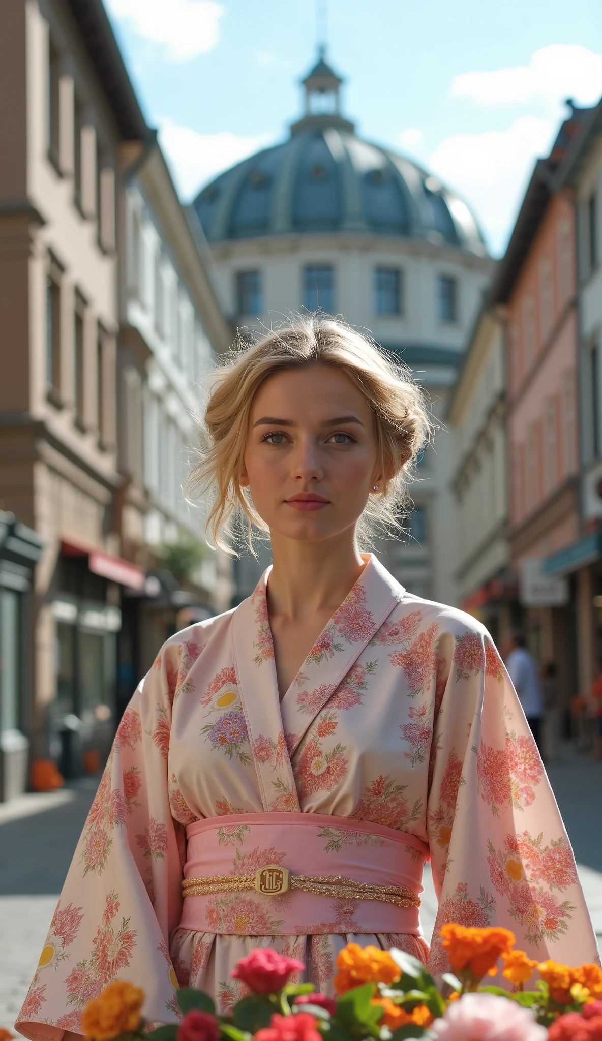 What I'm imagining is、What I'm imagining is、Streetscape of Bern, Switzerland、Impression of a bank in the center of the city、A blond 20-year-old woman in a pink floral kimono、Face Details、（full body high resolution photo）、impressive style with a spectacular dramatic expression、Flower bed in front of the bank、Gentle seven-colored flowers、Premium quality environment、Spectacular architectural view、Sturdy buildings take center stage。