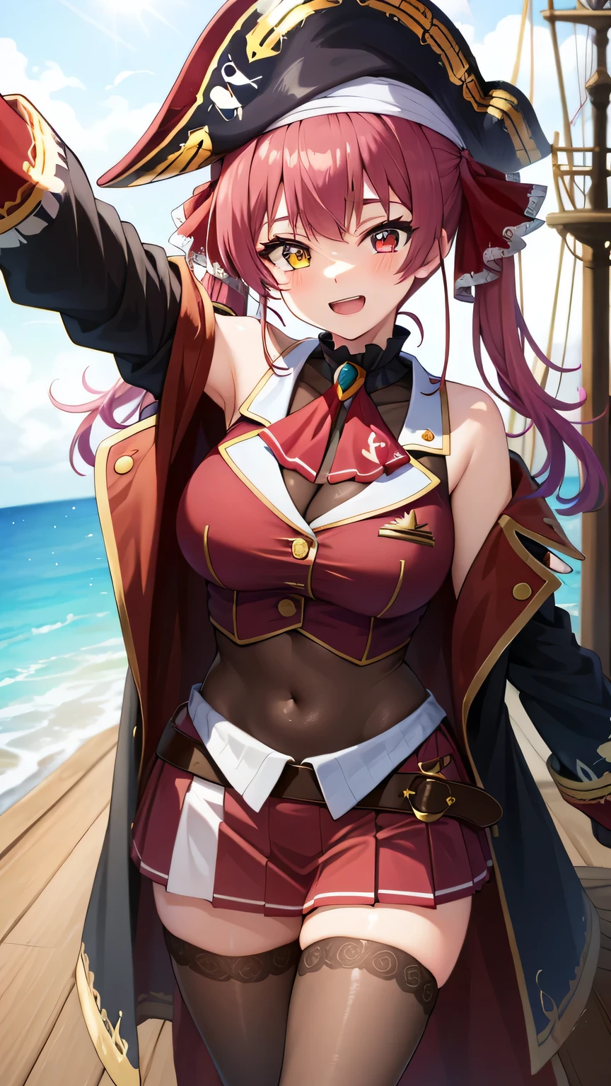 {{{masterpiece}}}, (best quality:1.5), (ultra-detailed:1.5), {illustration}, {{an extremely delicate and beautiful}}, (beautiful detailed eyes:1.6), absurdres, highres, extremely detailed face, 16k, hd, visual anime de uma jovem mulher, extremamente bonito rosto de anime, anime melhor garota, (perfect hands, perfect anatomy), anime face, Houshou Marine(Hololive), aamarine, 1girl, solo, cute face, long hair, red hair, twintails, hair ribbon, heterochromia, (red eyes:1.3), yellow eyes, breasts, large breasts, big hips, curvaceous, BREAK, black bicorne, pirate hat, black coat, long coat, long sleeves, off shoulder, red jacket, cropped jacket, sleeveless jacket, leotard, see-through, leotard under clothes, frilled choker, red ascot, white gloves, brown belt, red skirt, miniskirt, pleated skirt, leather belt, black thighhighs, thighs, zettai ryouiki, BREAK, pirate, smiling, looking at viewer, open mouth, on a pirate ship deck, put up index finger, pointing, standing, legs apart, flushed cheeks, flash effect, outdoor, on the ship, with a pirate ship, ocean, horizontal line, sunshine, peer in from below