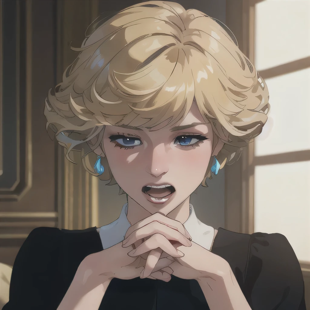 (masterpiece:1.3), (8K, Realistic, RAW Photos, Highest quality: 1.4), (One Girl), Beautiful Face, (Realistic Face), Beautiful Hairstyles, Realistic eyes, Beautiful details, (Realistic Skin), Beautiful Skin, Absurd, charm, Ultra-high resolution, Ultra-realistic, Very detailed, Golden Ratio, (Best Shadow), Cinematic, (Complex:1.4), High Contrast, Side lighting, ((Accurate hands and fingers)), Caucasian female, ((Princess Diana)), ((Black blouse)), (Blonde Hair, short hair:1.3), NSFW (大きな胸), くびれたウエスト, 大きな尻,  (half closed eyes), ((泣いている)), ((open mouth:1.2)), (surprised:1.2), フラッシング, (汗), ((cowboy shot:1.1))