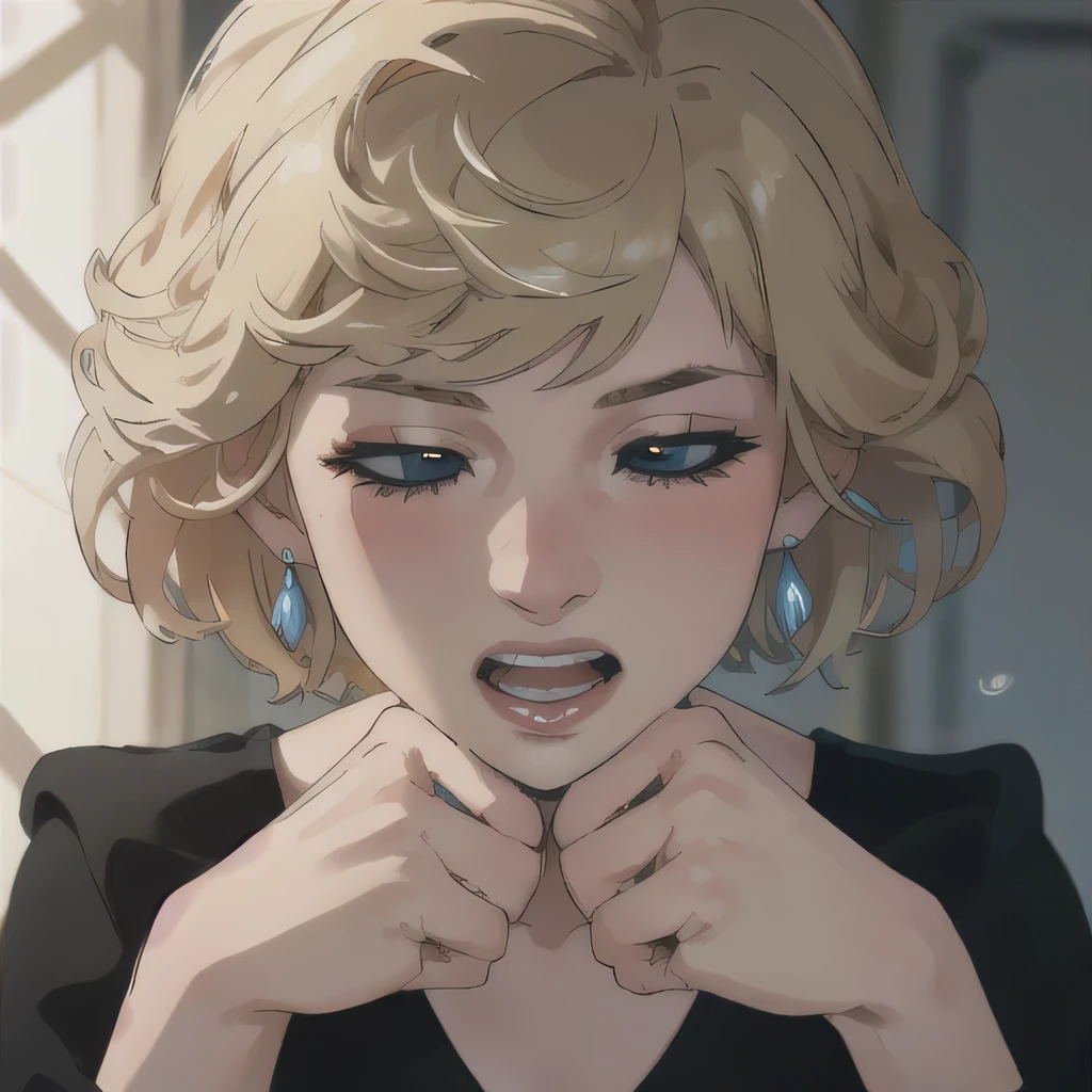 (masterpiece:1.3), (8K, Realistic, RAW Photos, Highest quality: 1.4), (One Girl), Beautiful Face, (Realistic Face), Beautiful Hairstyles, Realistic eyes, Beautiful details, (Realistic Skin), Beautiful Skin, Absurd, charm, Ultra-high resolution, Ultra-realistic, Very detailed, Golden Ratio, (Best Shadow), Cinematic, (Complex:1.4), High Contrast, Side lighting, ((Accurate hands and fingers)), Caucasian female, ((Princess Diana)), ((Black blouse)), (Blonde Hair, short hair:1.3), NSFW (大きな胸), くびれたウエスト, 大きな尻,  (half closed eyes), ((泣いている)), ((open mouth:1.2)), (surprised:1.2), フラッシング, (汗), ((cowboy shot:1.1))