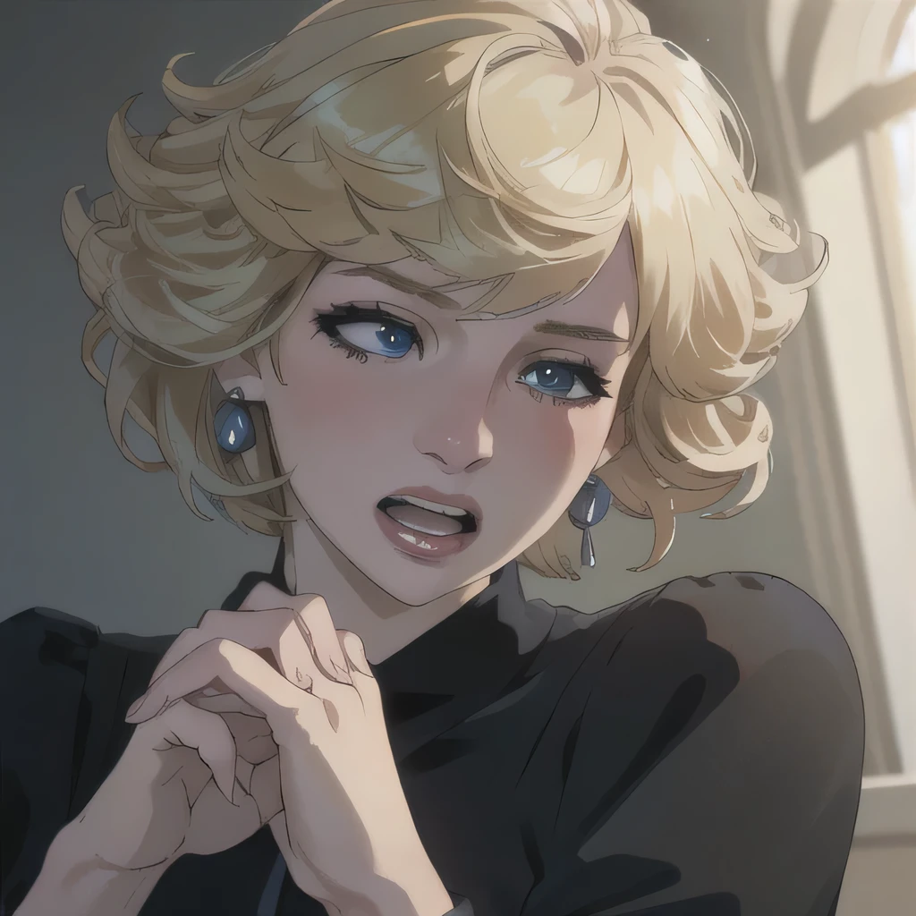 (masterpiece:1.3), (8K, Realistic, RAW Photos, Highest quality: 1.4), (One Girl), Beautiful Face, (Realistic Face), Beautiful Hairstyles, Realistic eyes, Beautiful details, (Realistic Skin), Beautiful Skin, Absurd, charm, Ultra-high resolution, Ultra-realistic, Very detailed, Golden Ratio, (Best Shadow), Cinematic, (Complex:1.4), High Contrast, Side lighting, ((Accurate hands and fingers)), Caucasian female, ((Princess Diana)), ((Black blouse)), (Blonde Hair, short hair:1.3), NSFW (大きな胸), くびれたウエスト, 大きな尻, (half closed eyes), ((泣いている)), ((open mouth:1.2)), (surprised:1.2), フラッシング, (汗), ((cowboy shot:1.1))