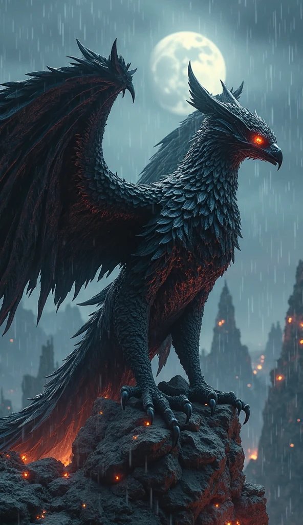 winged creature, red eyes, above all, chfres, anger, raining, forst, on,  ((best qualityer, extreme quality, Masterpiece artwork)), realisitic