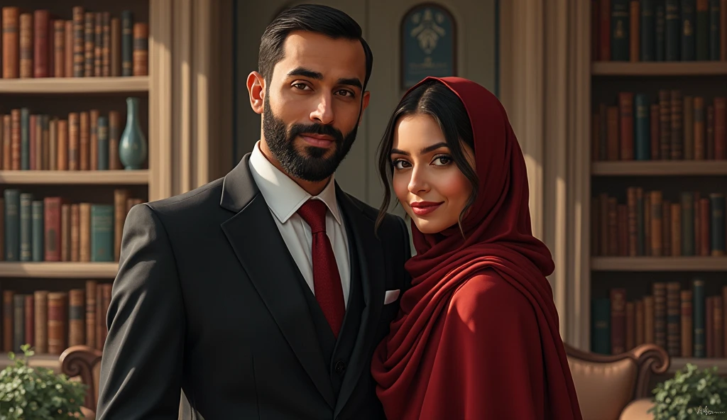 two pakistani women with a pakistani man, man standing in middle wearing suit and has a well groomed beard and stylish hair and one woman standing on right with hijab and has pale white skin and second woman standing on left with a pakistani dress has pale white skin, all smiling, picture taken by iphone pro 15 camera, all extremely beautiful,