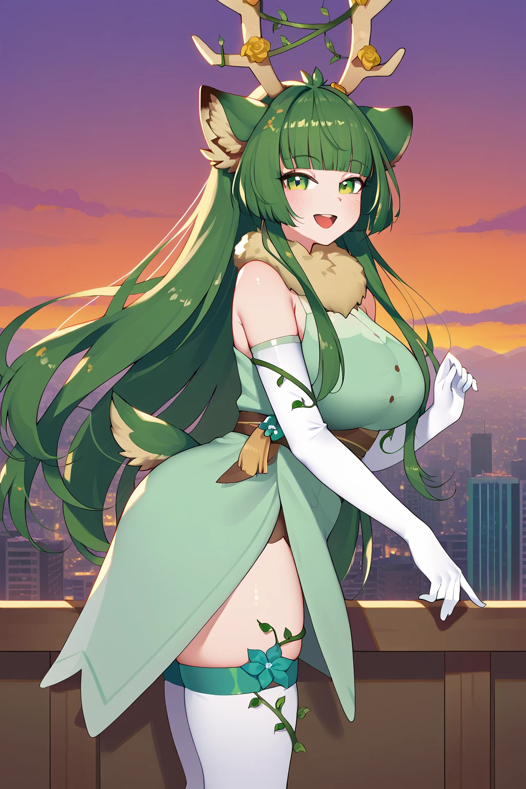 Kanna Blaster Master, floral fauna, female, fully clothed), toon, huge chest, smile, green hair, long dress, whole body, smile, open mouth, long hair, portrait, walking