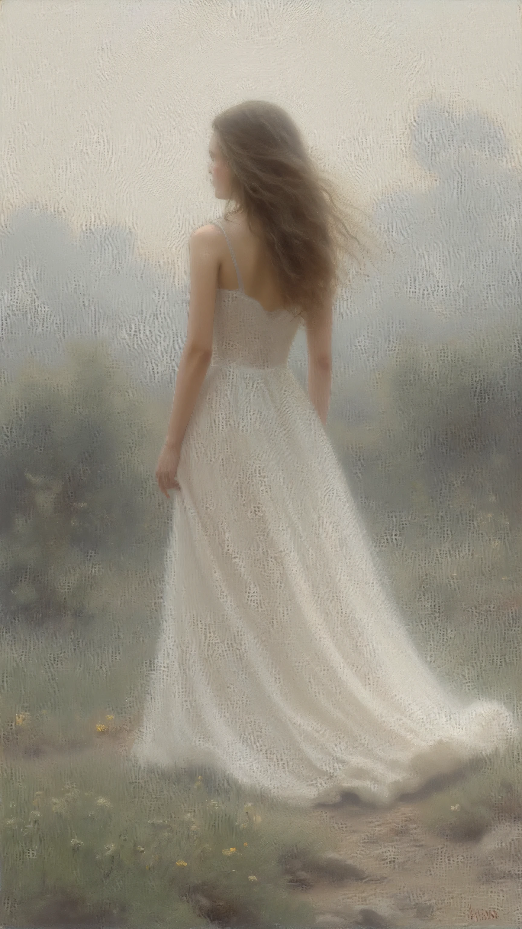 impressionist,Vision,超Vision。In the Mist,Back view of a girl with long hair in a white dress。