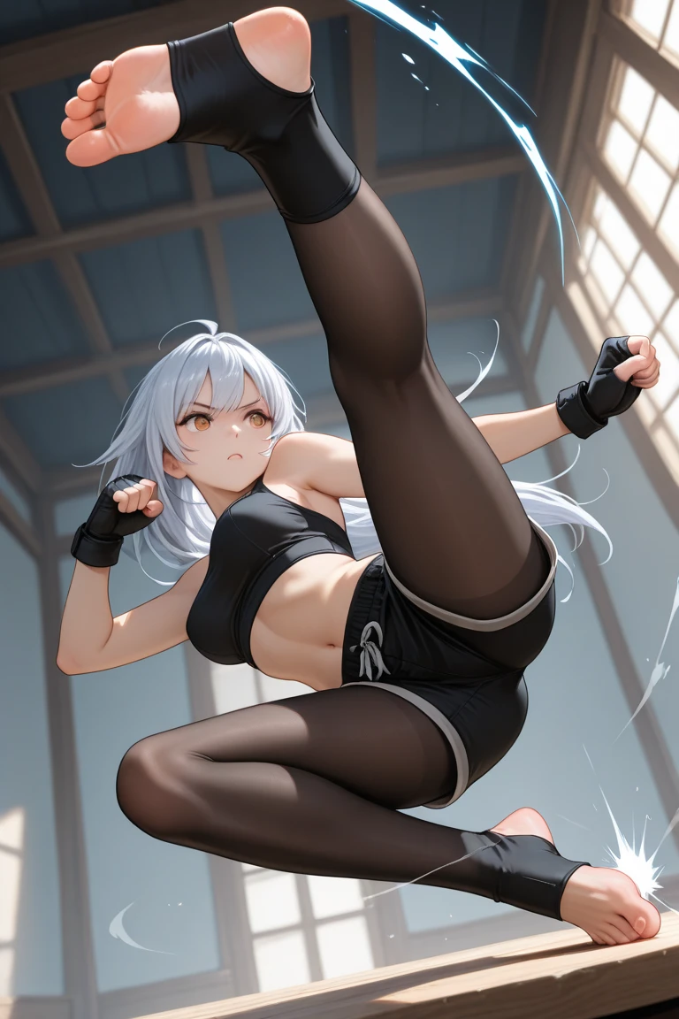 ((Highest quality)), ((masterpiece)), (detailed),full body ,slender. ((Rin々A cool female karateka)) small breasts Long-haired ponytail ((Sleeveless white karate uniform)) Black shorts Knee-high boots Leaning forward Open chest black fingerless gloves inside dojo