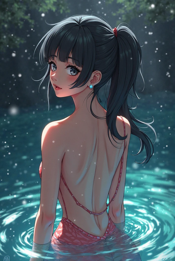 1girl in, Shy girl, (perky breast), ((Hard nipple)), Slender body, Wet body, Camel toe, Kawaii face, Embarrassed face, Black hair, blunt bungs, Hair Ribbon, Ponytail, naked girl , Skin Dentation, Small breasts, outdoor bath, Full body, From various angles, Partially submerged, wince, (peeing self), NSFW