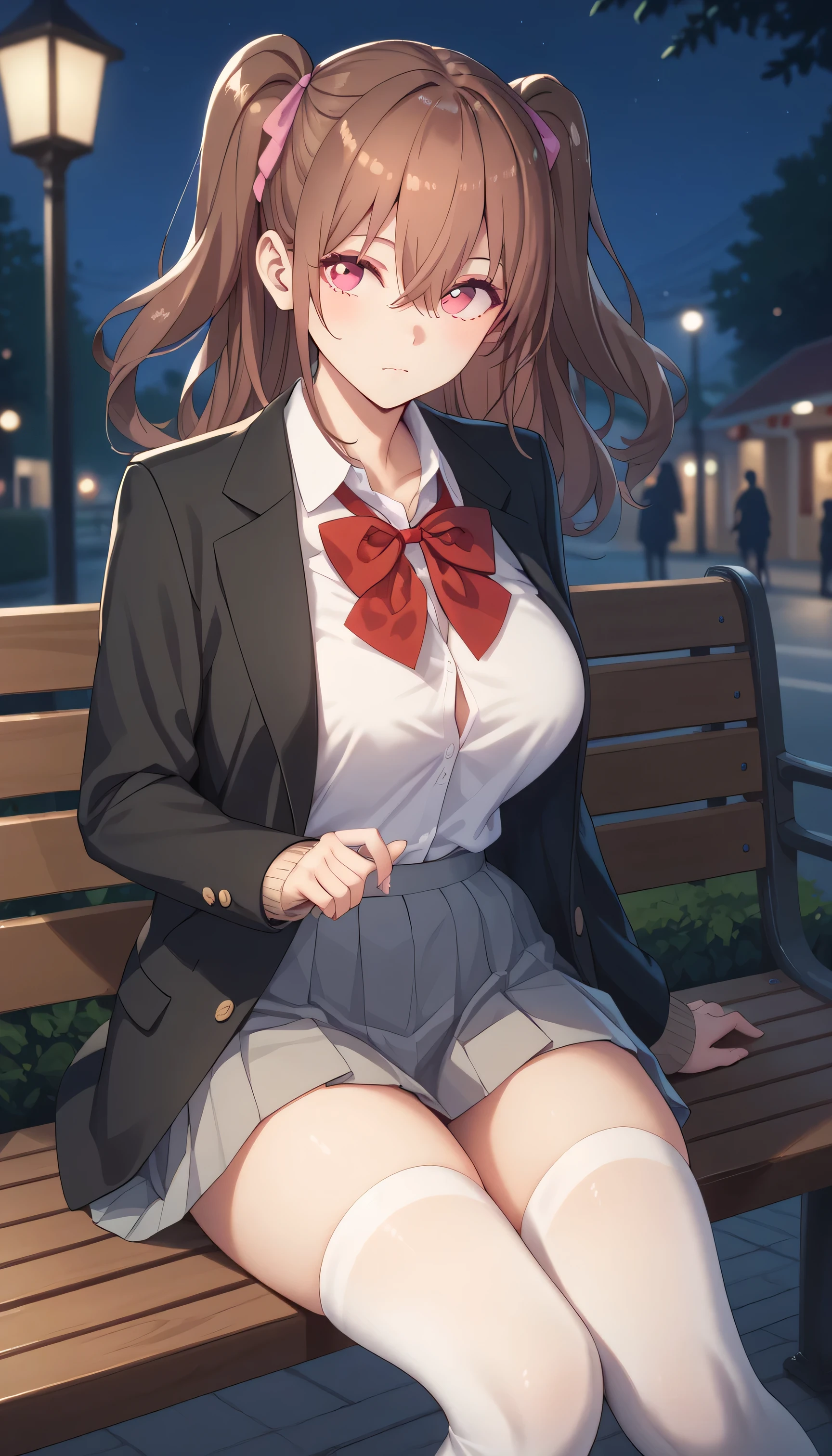 KJOmikari wearing a school uniform and white stockings, pretty, curvy, brown hair, pink eyes, two side up, hair between eyes, fair skin, large breasts, boring, stoic, sitting on a street bench, alone, at dusk, (night scene:1.2), drawn in an anime style