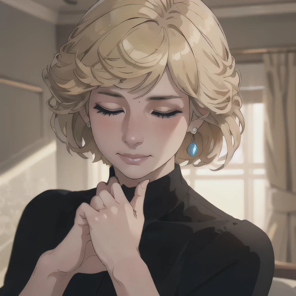 (masterpiece:1.3), (8K, Realistic, RAW Photos, Highest quality: 1.4), (One Girl), Beautiful Face, (Realistic Face), Beautiful Hairstyles, Realistic eyes, Beautiful details, (Realistic Skin), Beautiful Skin, Absurd, charm, Ultra-high resolution, Ultra-realistic, Very detailed, Golden Ratio, (Best Shadow), Cinematic, (Complex:1.4), High Contrast, Side lighting, ((Accurate hands and fingers)), Caucasian female, ((Princess Diana)), ((Black blouse)), (Blonde Hair, short hair:1.3), NSFW (大きな胸), くびれたウエスト, 大きな尻,  (closed eyes), ((嫌がる)), ((closed mouth)), (hate), フラッシング, (汗), ((cowboy shot:1.1))