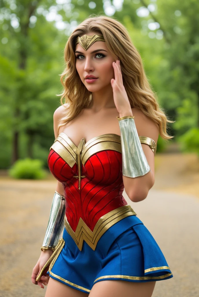 20 year old blonde woman,  blue colored eyes, Beautiful breasts, long  curly hair, dressed as Wonder Woman
