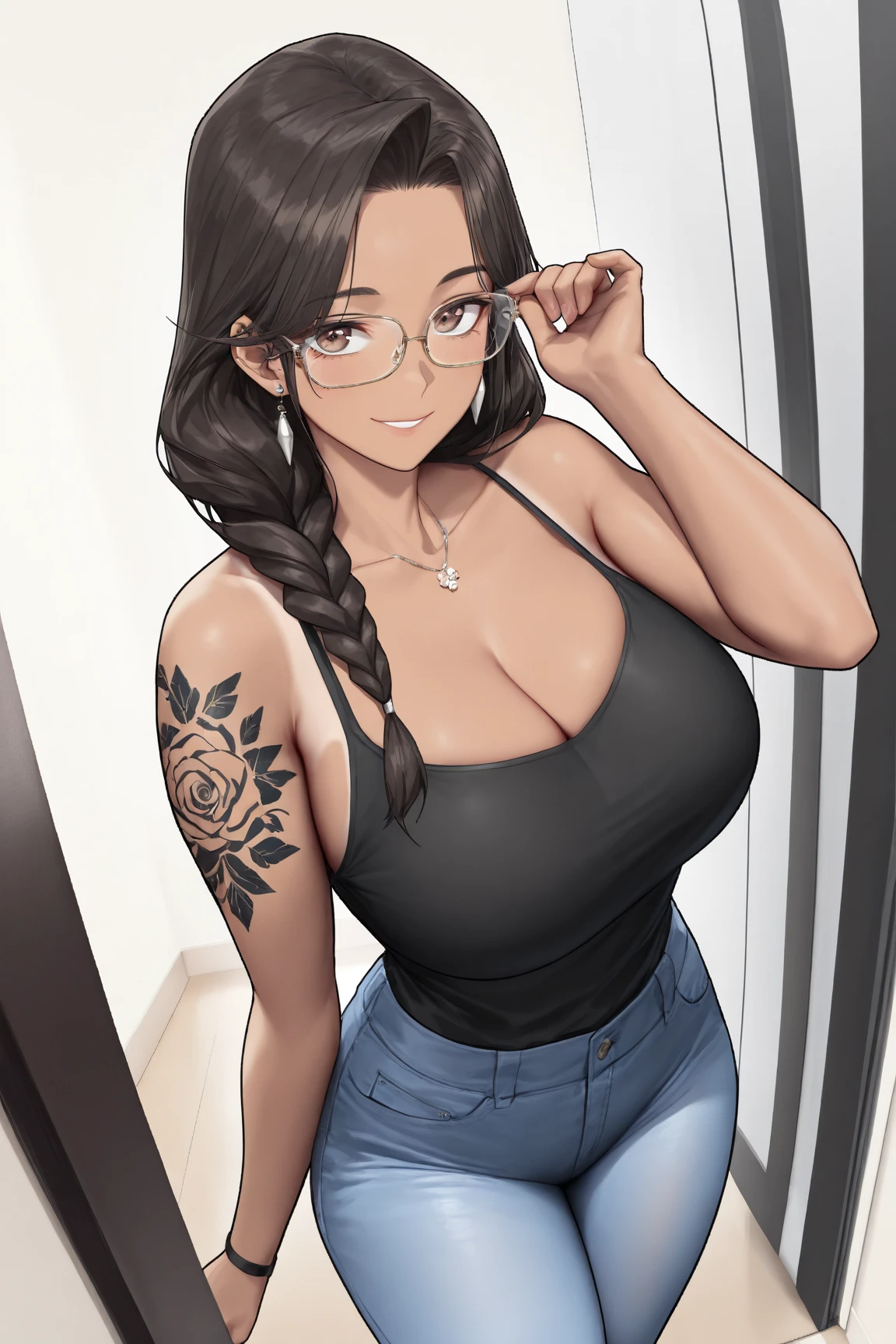 masutepiece, Best Quality),Detailed face, Detailed eyes, eye glass、Long、Braids、forehead、 bangs tied together、Large breasts, Big butt、plump、Elegant woman, Jumpsuit, Wide pants、Homework、denim、 Full body