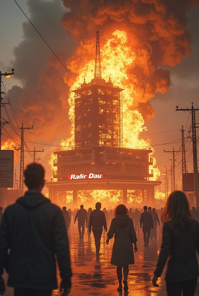 I want an image of an office with people from all over the world..i catching fire with a facade with a red letter h and the technicians setting fire and others running scared