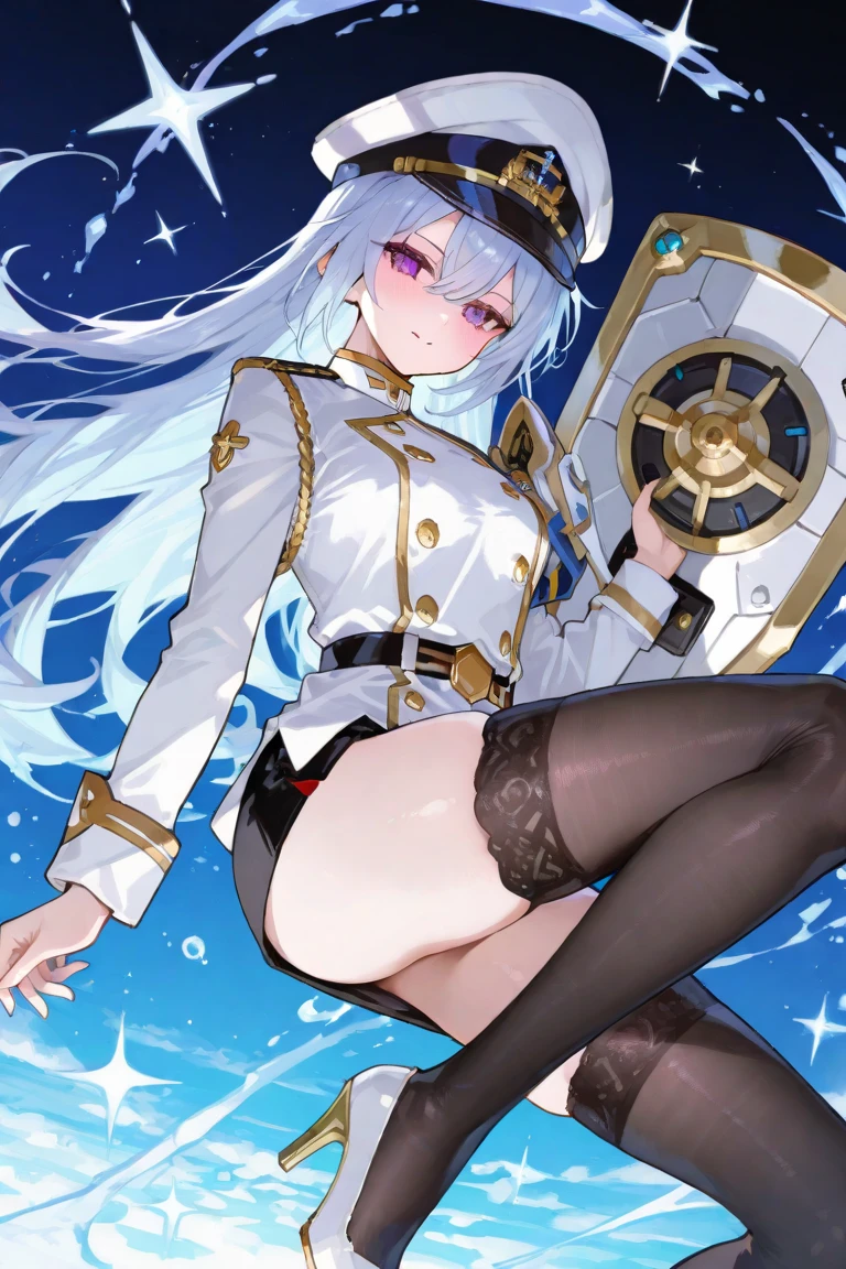 ((best quality)), ((masterpiece)), (detailed), Mommy, captain hat, White Naval uniform, White jacket in shoulder, White stocking, big breast, jacket on sholder.