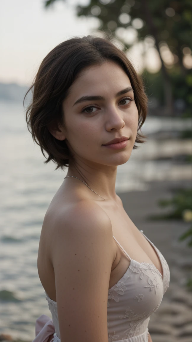 portrait of a woman, dua lipa style, perfect symmetry, One head, skin natural texture, perfect measurements, hyper realism, soft sun light, soft shadows, real photography, real body texture, real sensation, dark hair, vivid lights, high quality, realistic