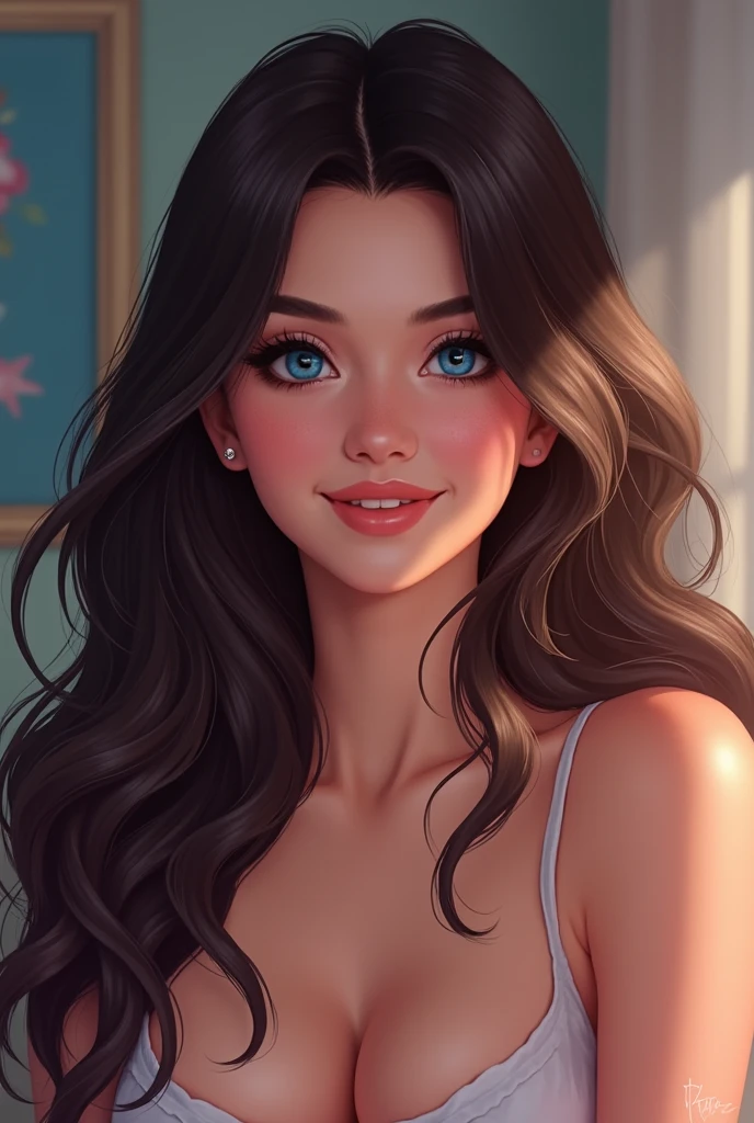 1girl, 25 years old, Vietnamese American, slightly French, young ghost woman, Heather, beautiful, pale, creamy skin, shoulder-length hair, subtly wavy hair, her hair frames her face, big eyes, bright blue eyes, cute smile, heart-warming smile, quiet, soft-spoken, humorous, 1950s style clothing, she carries herself with grace and elegance
