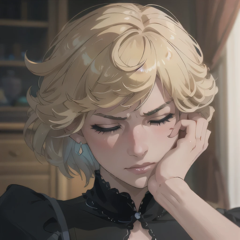 (masterpiece:1.3), (8K, Realistic, RAW Photos, Highest quality: 1.4), (One Girl), Beautiful Face, (Realistic Face), Beautiful Hairstyles, Realistic eyes, Beautiful details, (Realistic Skin), Beautiful Skin, Absurd, charm, Ultra-high resolution, Ultra-realistic, Very detailed, Golden Ratio, (Best Shadow), Cinematic, (Complex:1.4), High Contrast, Side lighting, ((Accurate hands and fingers)), Caucasian female, ((Princess Diana)), ((Black blouse)), (Blonde Hair, short hair:1.3), NSFW (大きな胸), くびれたウエスト, 大きな尻, (closed eyes), ((嫌がる)), ((closed mouth)), (angry:1.2), フラッシング, (汗), ((cowboy shot:1.1))