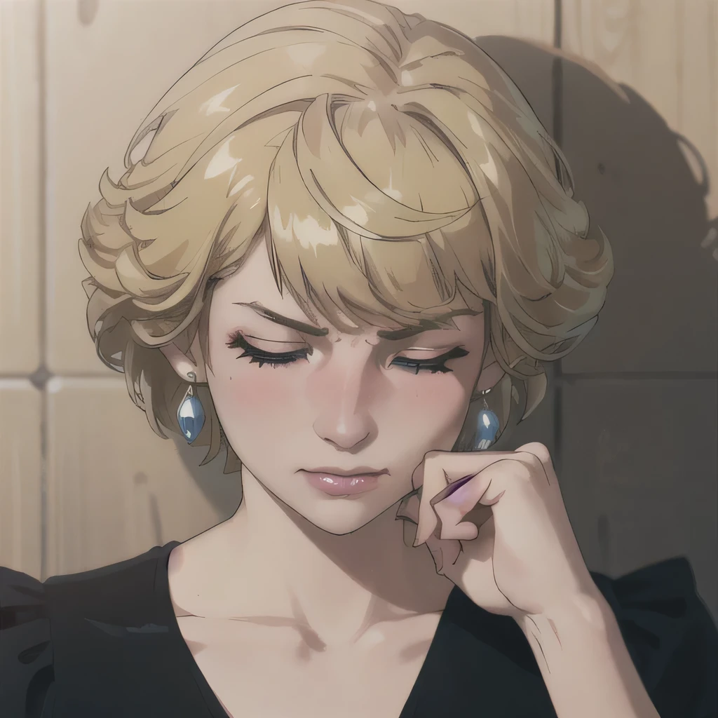 (masterpiece:1.3), (8K, Realistic, RAW Photos, Highest quality: 1.4), (One Girl), Beautiful Face, (Realistic Face), Beautiful Hairstyles, Realistic eyes, Beautiful details, (Realistic Skin), Beautiful Skin, Absurd, charm, Ultra-high resolution, Ultra-realistic, Very detailed, Golden Ratio, (Best Shadow), Cinematic, (Complex:1.4), High Contrast, Side lighting, ((Accurate hands and fingers)), Caucasian female, ((Princess Diana)), ((Black blouse)), (Blonde Hair, short hair:1.3), NSFW (大きな胸), くびれたウエスト, 大きな尻, (closed eyes), ((嫌がる)), ((closed mouth)), (angry:1.2), フラッシング, (汗), ((cowboy shot:1.1))