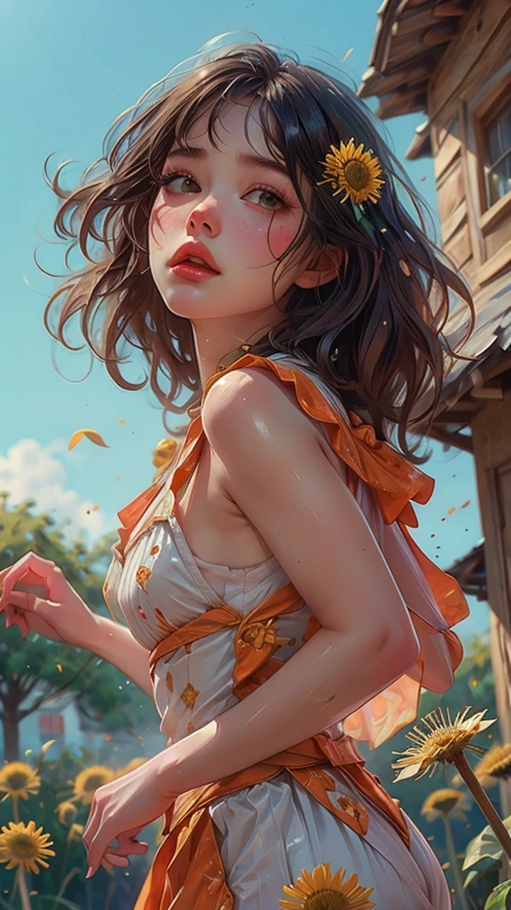 Exquisite (slim) a thin, tender girl of with a perfect gentle face of the southern type (with short dark burgundy hair) with freckles (with ruby earring) in the rays of the rising sun, naked with tender bare breasts with pink swollen nipples ((barefoot)) ((in an unbuttoned open burgundy shirt over a naked body and in small burgundy panties)) (on the veranda in the garden) Drinks ((coffee)) and looks at the flowers, in watercolor style, discreet light shades, Flares, (imitation of film photography), against the sun, a lot of sun glare, light fills the frame, olive and grape groves, strong wind, Brick Road, high image quality, Maximum detail, sunset lighting, Warm evening shades, (warm golden and olive sunset light), big space eyes, olive and grape groves, Brick Road, ((чашки с coffee и coffeeйники у домика)), (brick house), (coffee)