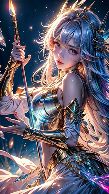 "((Fantasy art)) featuring an alien girl immersed in a celestial symphony, clouds transforming into vibrant splashes, flowers scattered like notes in the wind, a visual orchestration of color and wonder"