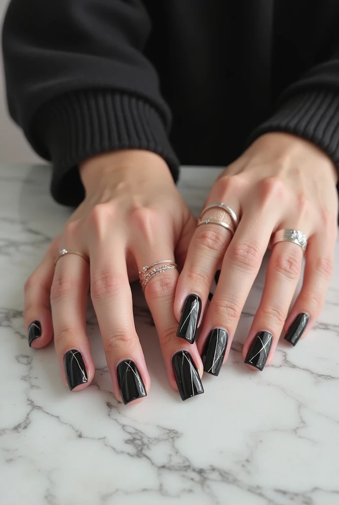 parametersone hand of an asian woman , Five fingers bend,with long nails, featuring a light pink and black gradient nail polish on fingernails. she is wearing black sleeves that cover arm. the background appears to be blur white floor. . there is no visible text on the photograph. the focus is on hands. cute and simple manicure with a nice nail design using a transparent to black gradient color on top and bottom in a closeup shot, chinese girl's intact fingers, dark sweater, featuring an ombre effect from light pink to dark gray or black.ï¼a hand with long, sharp nails. The nails are painted in a gradient, transitioning from a light pink to a darker shade at the tips. The arm is wearing a fluffy, dark-colored sweater or glove., <lora:Virgirl-000029:0.8>