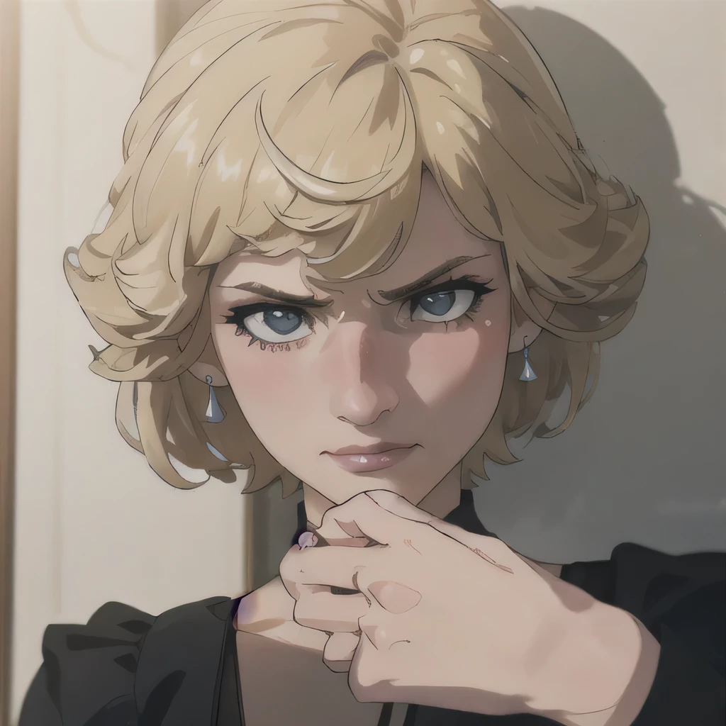 (masterpiece:1.3), (8K, Realistic, RAW Photos, Highest quality: 1.4), (One Girl), Beautiful Face, (Realistic Face), Beautiful Hairstyles, Realistic eyes, Beautiful details, (Realistic Skin), Beautiful Skin, Absurd, charm, Ultra-high resolution, Ultra-realistic, Very detailed, Golden Ratio, (Best Shadow), Cinematic, (Complex:1.4), High Contrast, Side lighting, ((Accurate hands and fingers)), Caucasian female, ((Princess Diana)), ((Black blouse)), (Blonde Hair, short hair:1.3), NSFW (大きな胸), くびれたウエスト, 大きな尻, (眉間に皺), ((closed mouth)), (angry:1.2), フラッシング, (汗), ((cowboy shot:1.1))