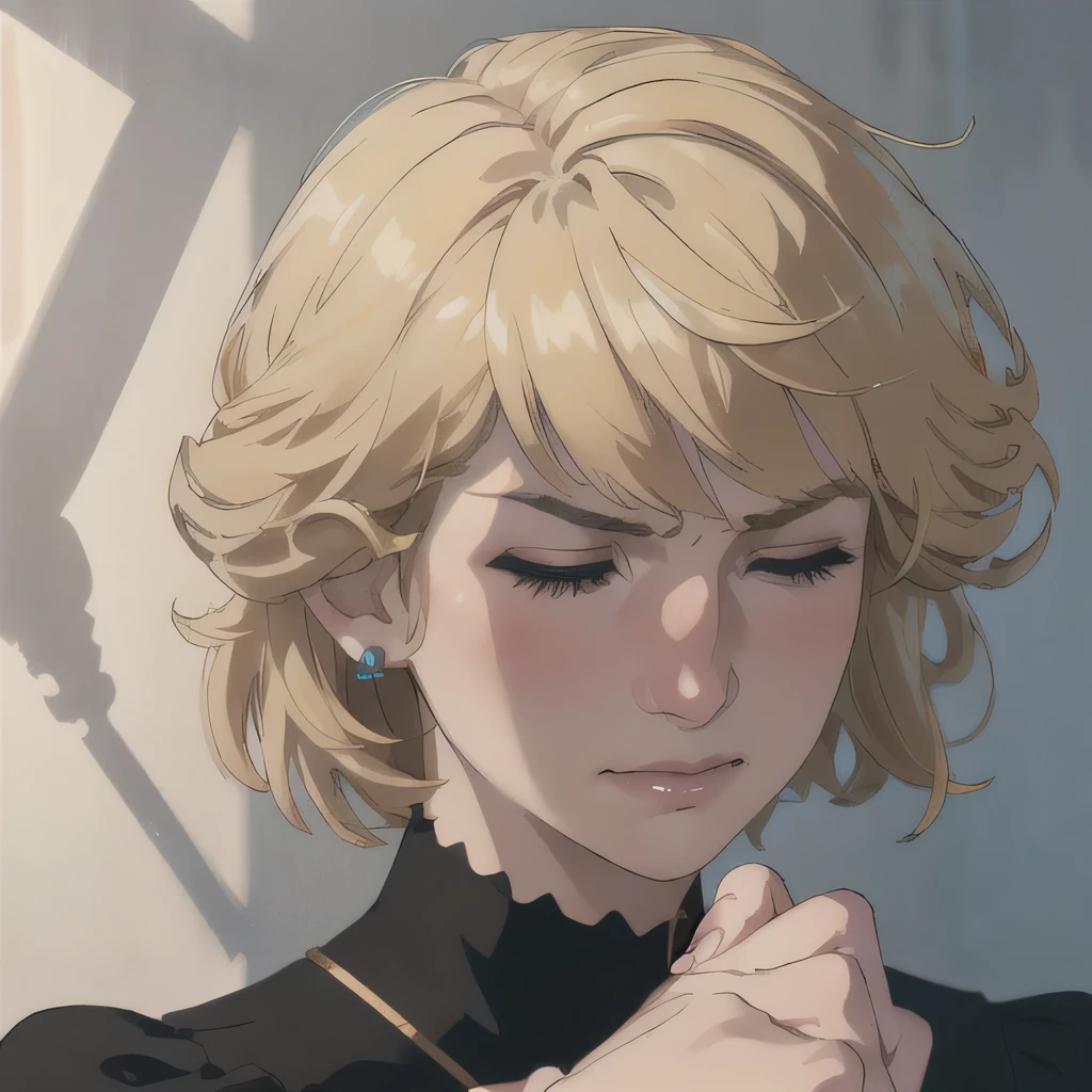 (masterpiece:1.3), (8K, Realistic, RAW Photos, Highest quality: 1.4), (One Girl), Beautiful Face, (Realistic Face), Beautiful Hairstyles, Realistic eyes, Beautiful details, (Realistic Skin), Beautiful Skin, Absurd, charm, Ultra-high resolution, Ultra-realistic, Very detailed, Golden Ratio, (Best Shadow), Cinematic, (Complex:1.4), High Contrast, Side lighting, ((Accurate hands and fingers)), Caucasian female, ((Princess Diana)), ((Black blouse)), (Blonde Hair, short hair:1.3), NSFW (大きな胸), くびれたウエスト, 大きな尻, (closed eyes), ((嫌がる)), ((closed mouth)), (angry:1.2), フラッシング, (汗), ((cowboy shot:1.1)), (上から見下ろす)