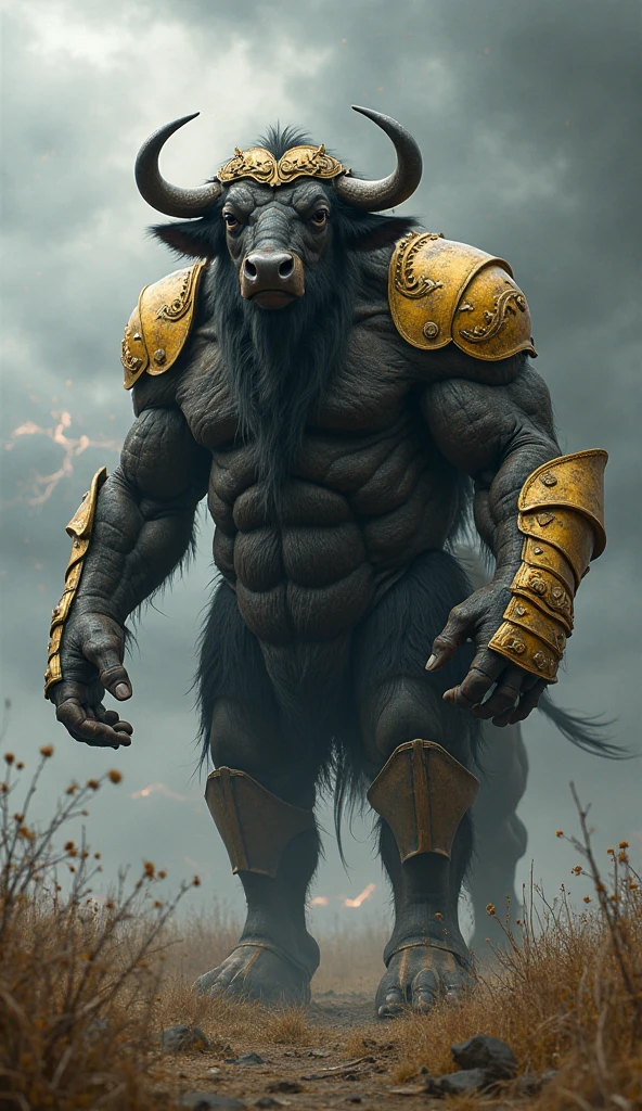 Furry, Antro, anthropomorphic, Solo, Bull, Bovine, White horns, loong bovine tail, (furry Black Dark), tribal tattoo arm, (Male Bulge), nose ring, Conk, narigon, (Big piercing noise), Big Balls, Big Ass, Wearing a Black Leather Harness, Black bicep leather bracelet, Leather Buckle Armband, Black dark Leather Slip, black leather warrior skirt, thread thong, Black Belt, Spiked Collar, Spiked Wristbands, (Leather Bicep Arm Strap), man pendant, Cowboy Hat, Spiked Anklet, Hooves, Hairy, Full Body, Braided Mane, Hairy Torso, Seen Standing, Upright Standing Pose, Blue Pupil Eyes, High Resolution, 4K Detailed, Good Lighting, Beautiful, Blue Sky Background with Green Grass Meadow, black hair, photorealistic