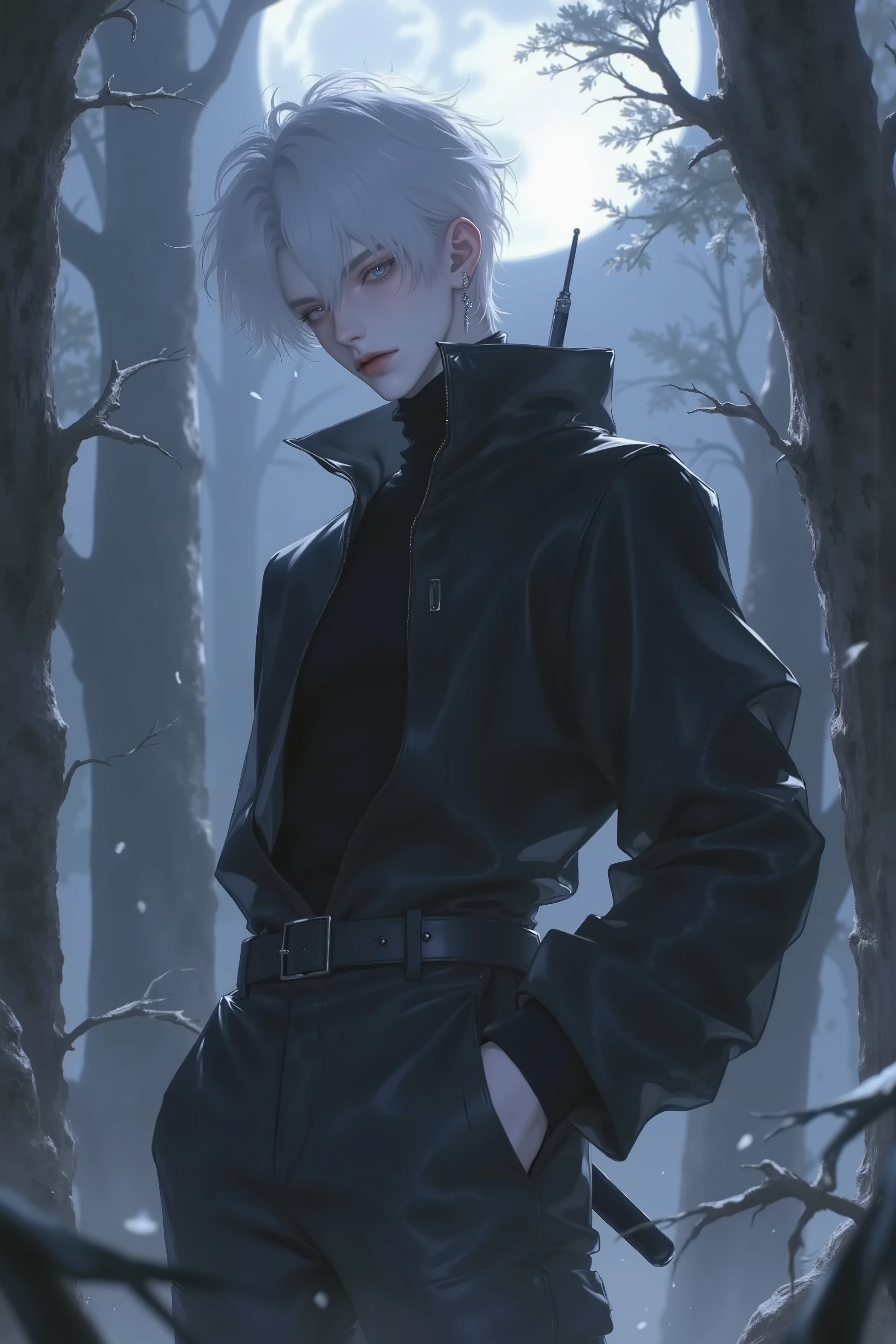 ((점수_9,점수_8_위로)), A cold and intense anime-style male character, pale platinum-blond hair, pale skin, expressionless face with a faint, unsettling smirk, subtle aura of madness in his gaze, holding a kunai loosely in one hand, standing still but ready to strike, wearing a tight black turtleneck and dark tactical pants, minimalist dark ninja-inspired outfit, surrounded by mist in a moonlit forest, strands of hair swaying in the wind, eerie and suspenseful atmosphere, cinematic lighting, ultra detailed, anime-style illustration, inspired by Naruto universe, Upper body output