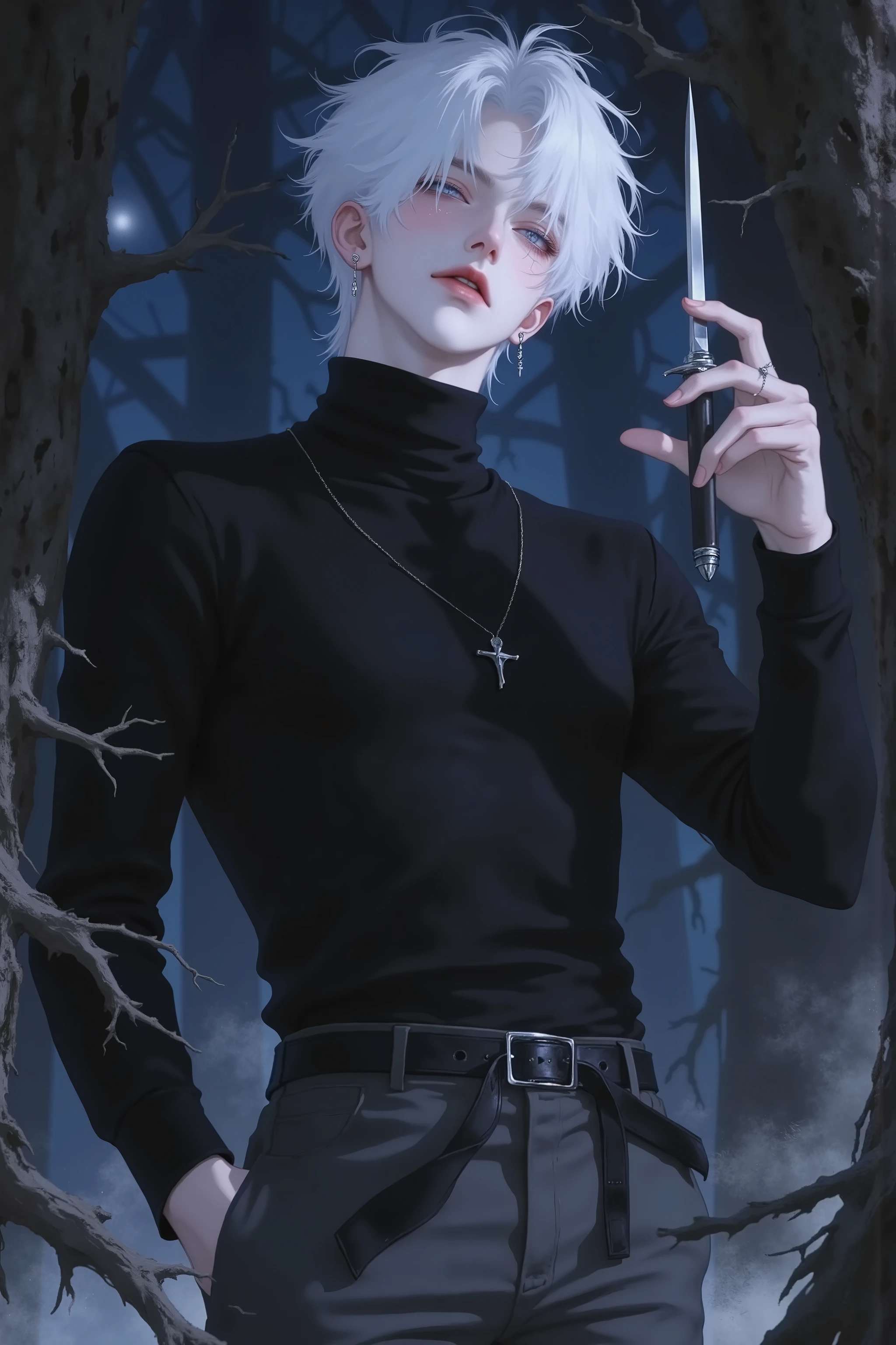 ((점수_9,점수_8_위로)), A cold and intense anime-style male character, pale platinum-blond hair, pale skin, expressionless face with a faint, unsettling smirk, subtle aura of madness in his gaze, holding a kunai loosely in one hand, standing still but ready to strike, wearing a tight black turtleneck and dark tactical pants, minimalist dark ninja-inspired outfit, surrounded by mist in a moonlit forest, strands of hair swaying in the wind, eerie and suspenseful atmosphere, cinematic lighting, ultra detailed, anime-style illustration, inspired by Naruto universe, Upper body output