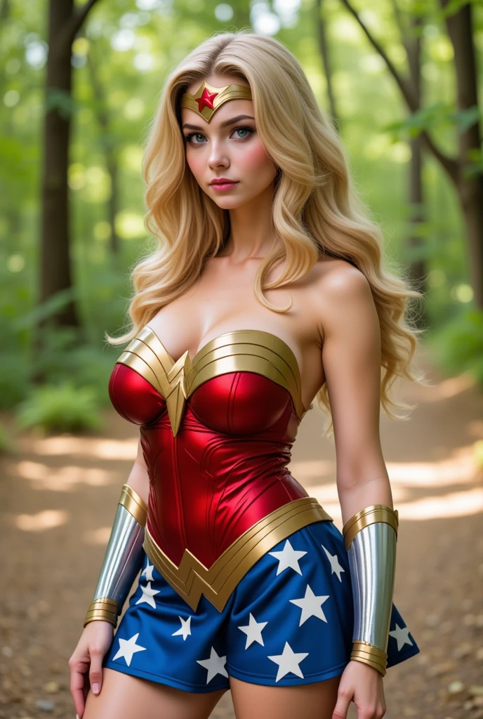 Retro style, beautiful female model, Glamorous body, plump body, long haired man, Wavy hair, blonde, Smooth skin, Blue eyes, charming smile, dark makeup, Red lips, ((western style cowboy costume)), boots, realist, Open, super realistic 8K, super detailed and realistic, Sculpture pose, big ass